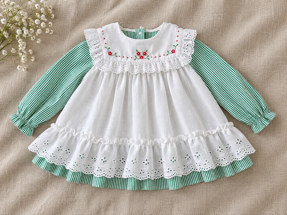 Vintage Baby Togs Christmas Dress | Girls 12M | 80s Green Stripe Eyelet Pinafore